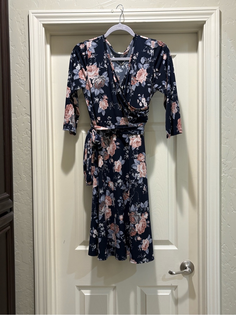 Pinkblush Navy Midi Wrap Dress with Pink Rose Floral Print